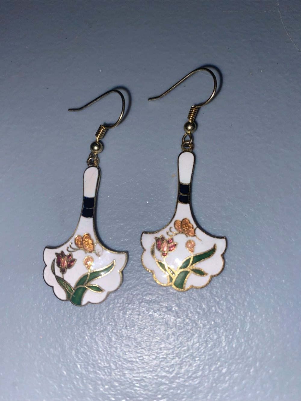 White Floral Enamel Cloissone Drop Earrings with Gold Accents